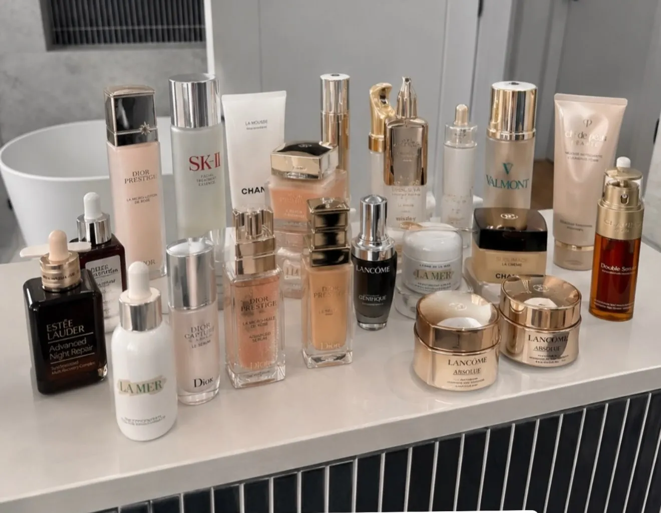 A vanity full of luxury skincare